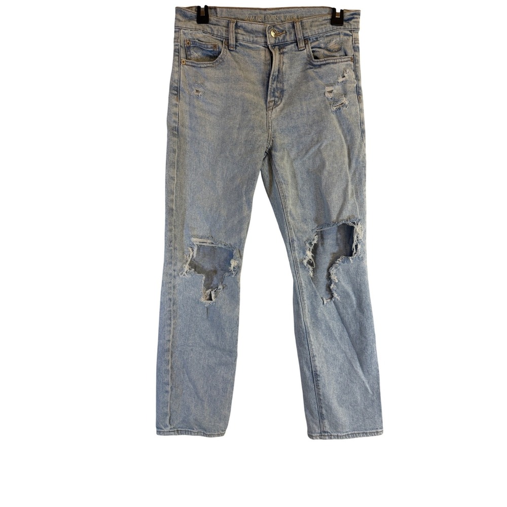 American Eagle Womens High Rise Distressed Mom Jeans Light Wash Stretch Size 4